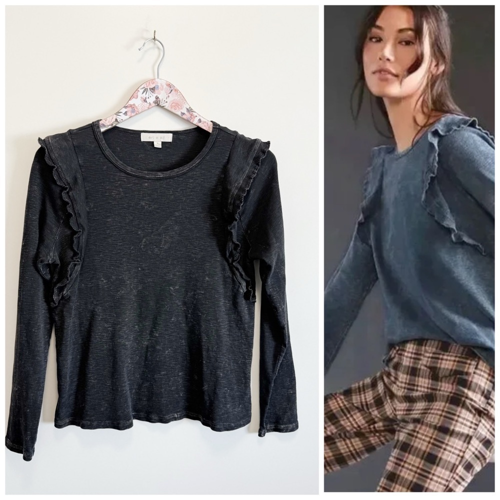 Anthropologie ERI + ALI Washed Black Ruffle Long Sleeve Top S Small